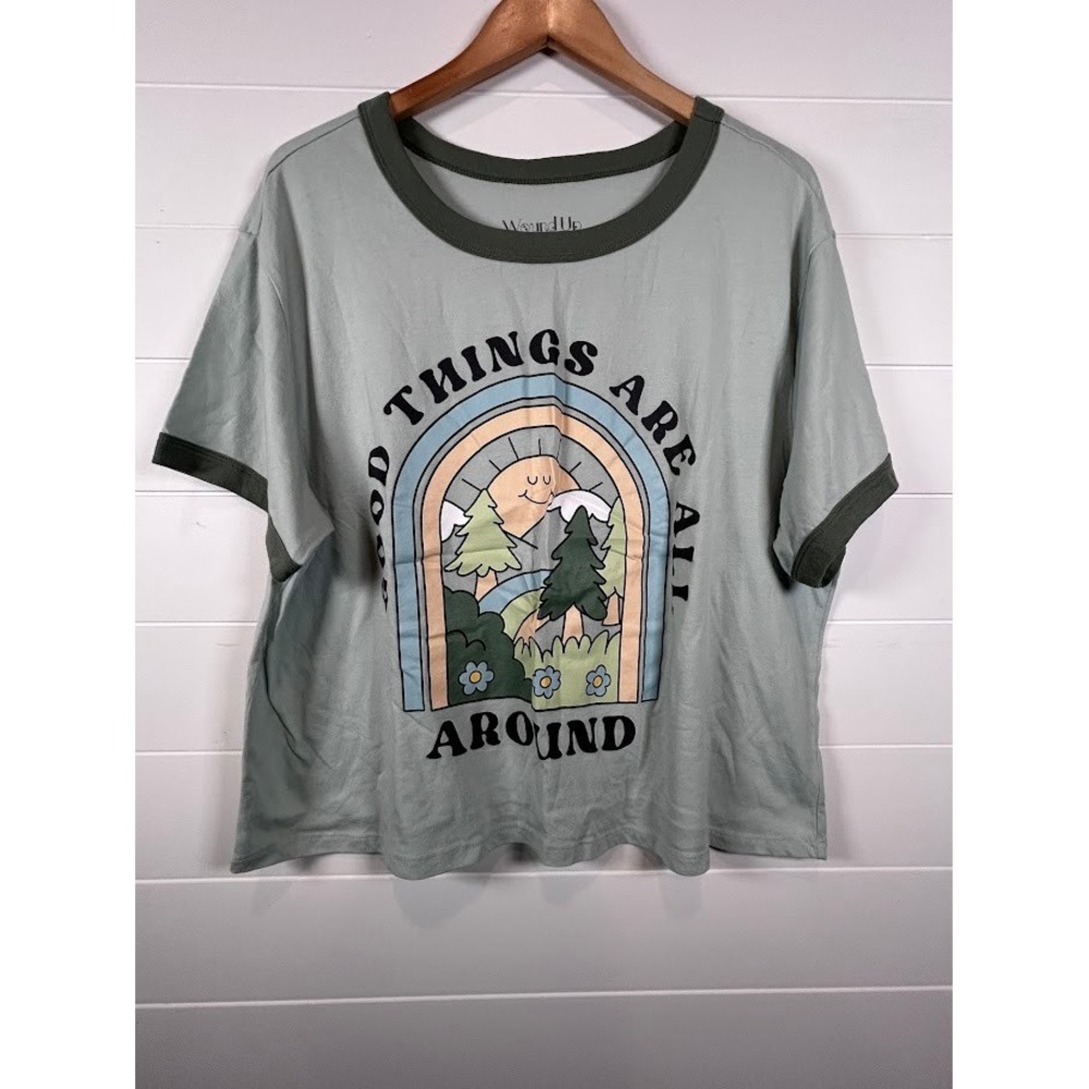 Wound Up Womens 2X Good Things Graphic Print Olive Green Ringer Tee T-Shirt